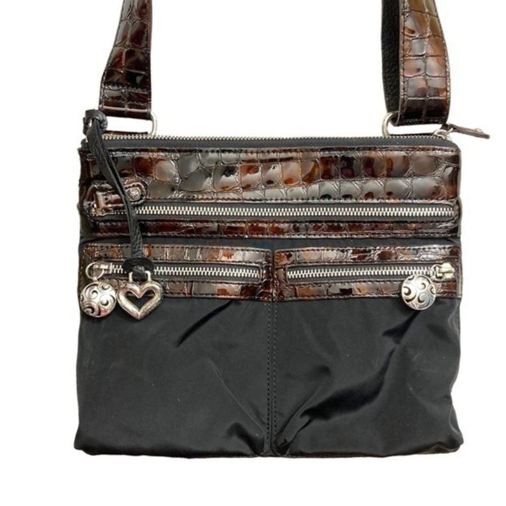 Brighton black nylon with brown embossed patent leather messenger bag